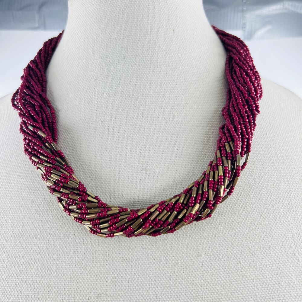 Raspberry Seed Bead Torsade Necklace Multi Strand Brass Boho Statement Collar